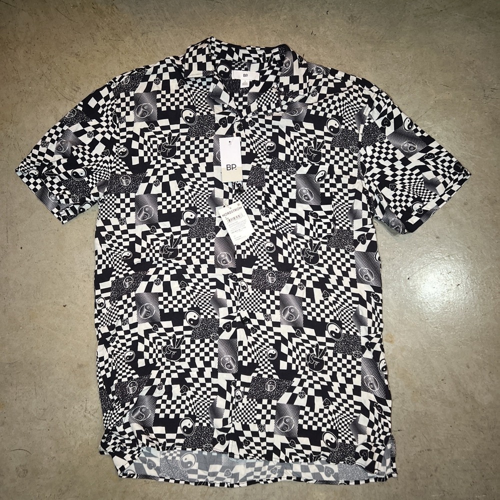 BP Nordstrom Psychedelic Checker Short Sleeve Button Up Shirt Black BP470431MN